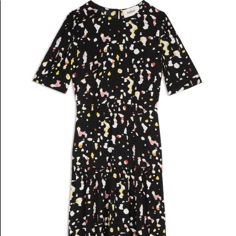 ba&sh Black Dress with White, Pink & Yellow Abstract Print